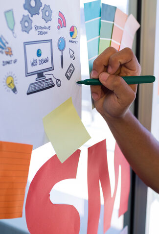 Creative brainstorming with post-it notes and sketches